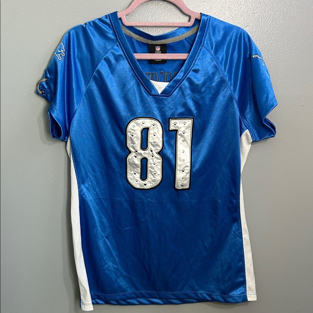 NFL Detroit lions Blue and White Women's Jersey Top Johnson 81 studs